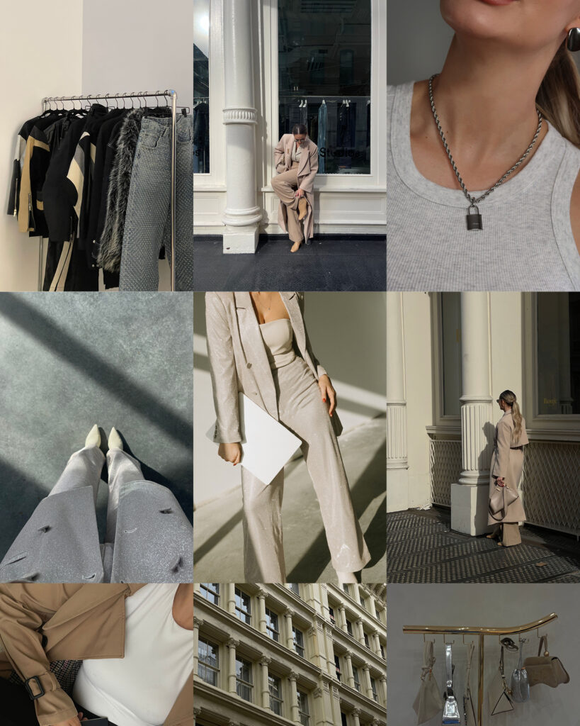 grid of 9 high fashion images in blacks, greys, taupes, and metallics